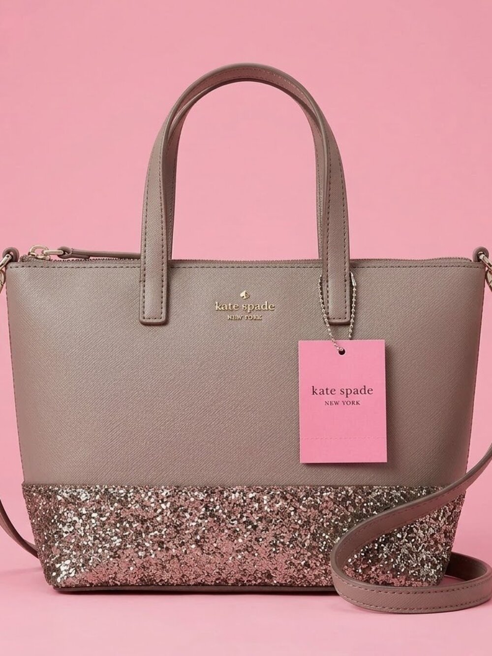 NWT Kate Spade Silver Glitter Gray Tote Handbag with Crossbody Strap